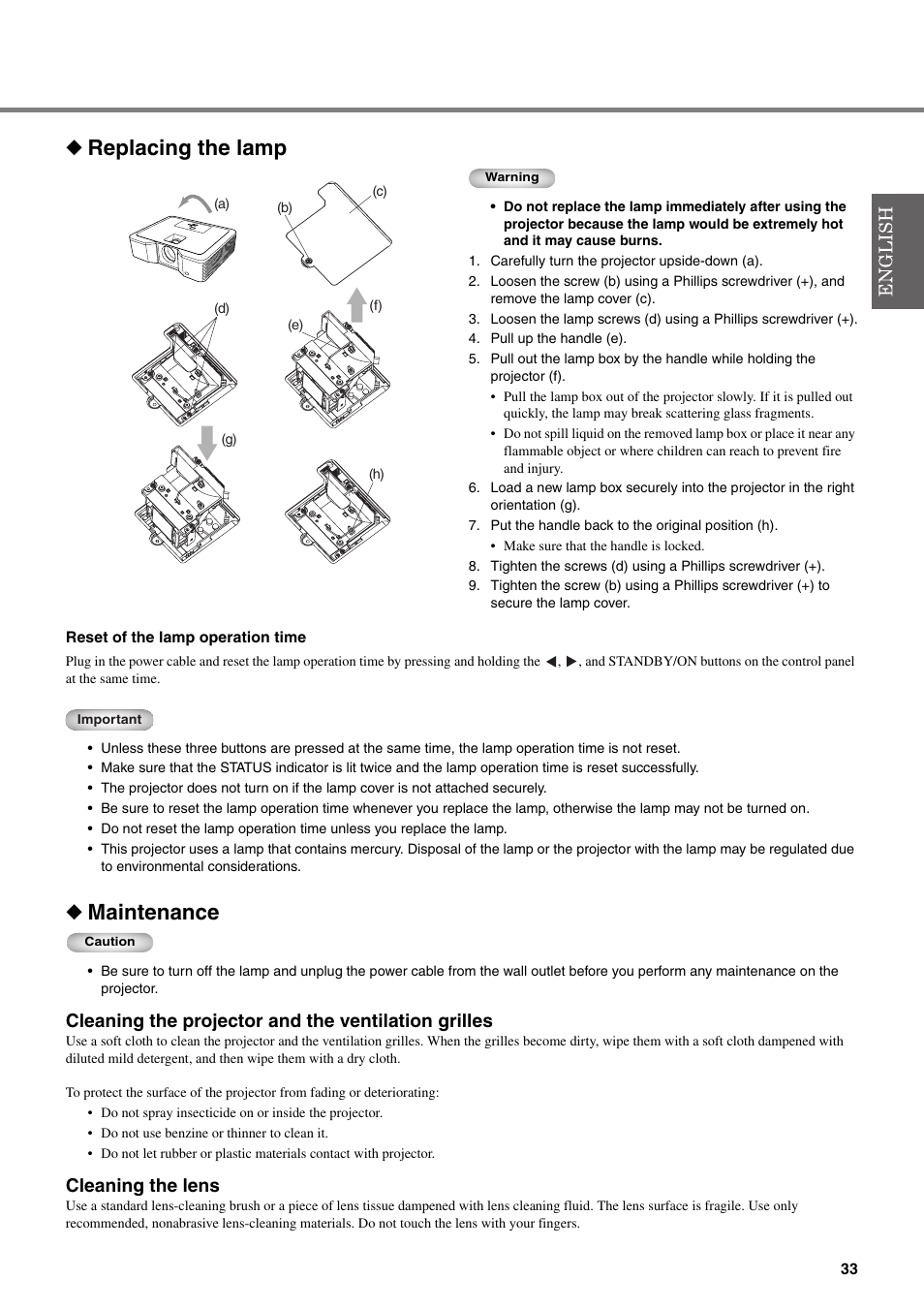 Replacing the lamp, Maintenance, Cleaning the projector and the ventilation grilles | Cleaning the lens | Yamaha DPX-830 User Manual | Page 37 / 46