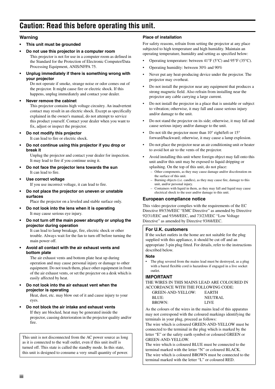English, Caution: read this before operating this unit | Yamaha DPX-830 User Manual | Page 4 / 46