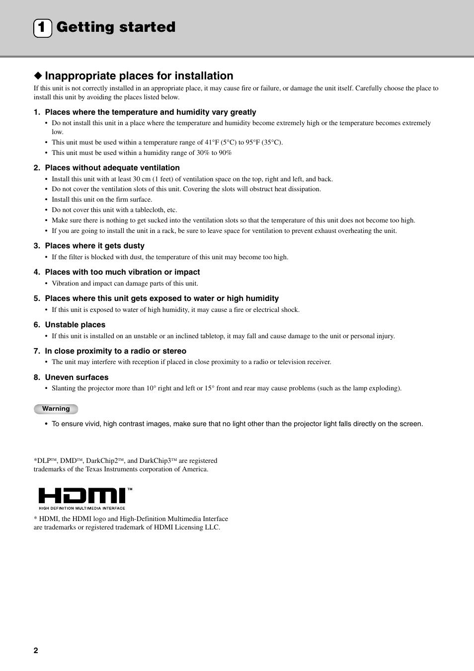 Getting started, Inappropriate places for installation, Getting started 1 | Yamaha DPX-830 User Manual | Page 6 / 46