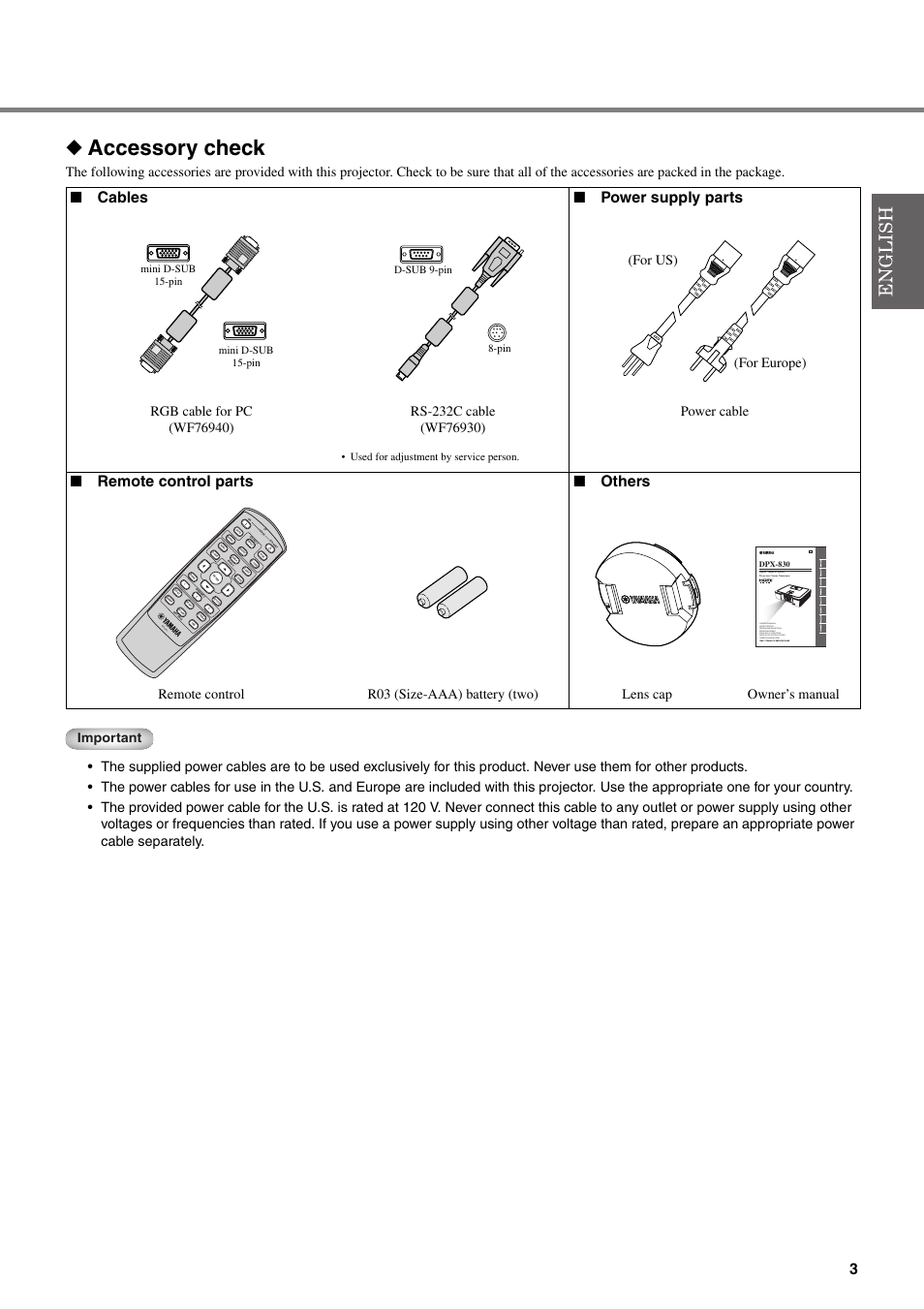 Accessory check, Cables ■ power supply parts, Remote control parts ■ others | For europe) (for us), Important, Used for adjustment by service person | Yamaha DPX-830 User Manual | Page 7 / 46