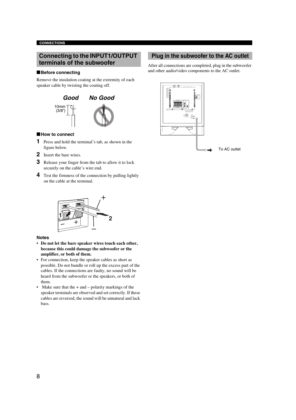 Plug in the subwoofer to the ac outlet, 1plug in the subwoofer to the ac outlet | Yamaha YST-SW325 User Manual | Page 12 / 20