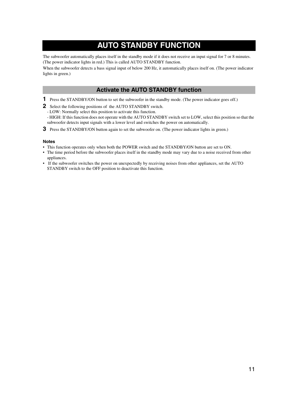 Auto standby function, Activate the auto standby function | Yamaha YST-SW325 User Manual | Page 15 / 20