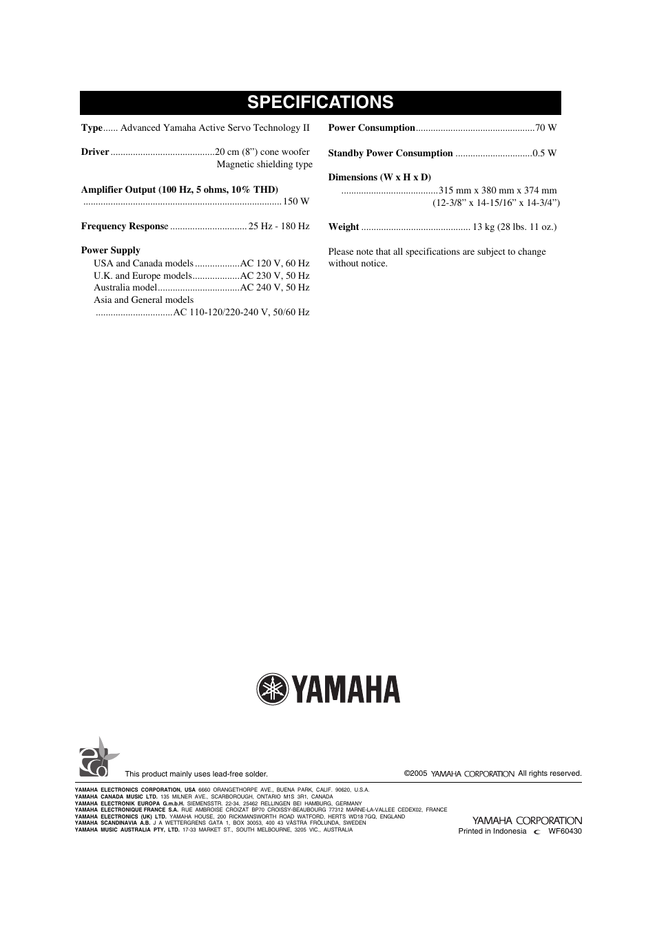 Specifications | Yamaha YST-SW325 User Manual | Page 20 / 20