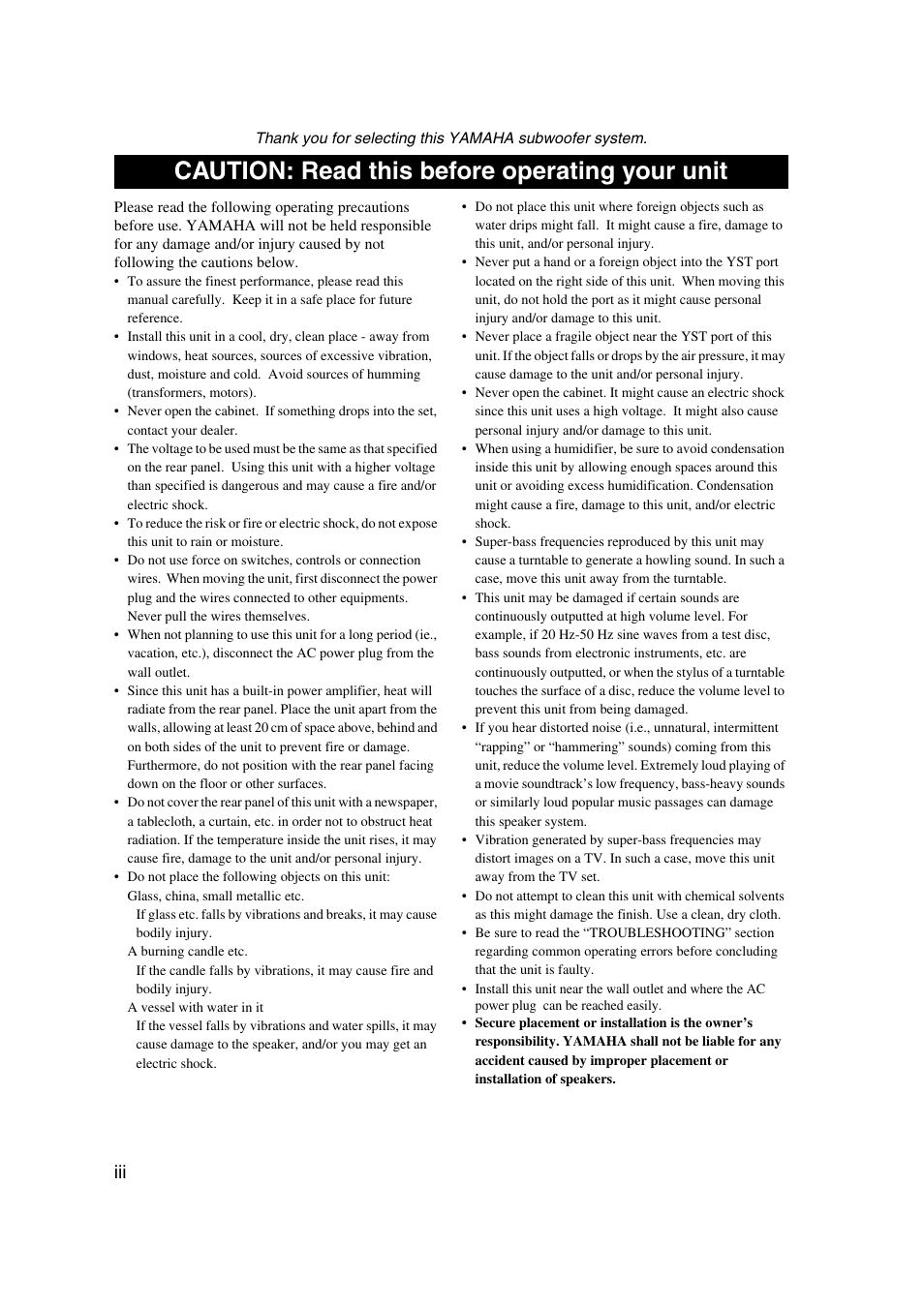 Caution: read this before operating your unit | Yamaha YST-SW325 User Manual | Page 4 / 20