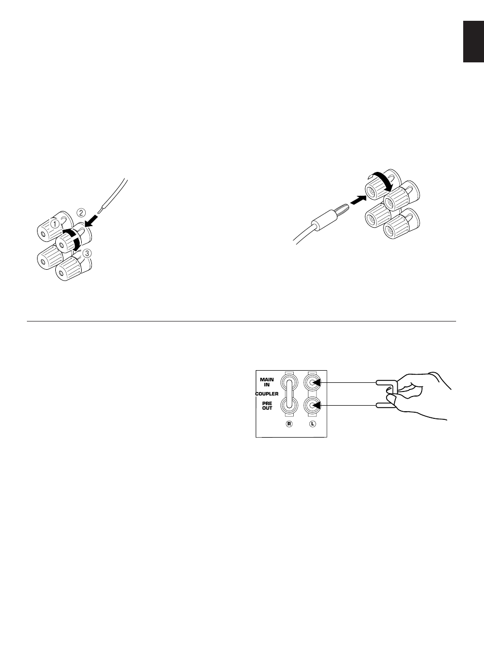 English, Remote control (phono) connector, Gnd terminal (for turntable use) | Pre out/main in terminals | Yamaha AX-890 User Manual | Page 5 / 14