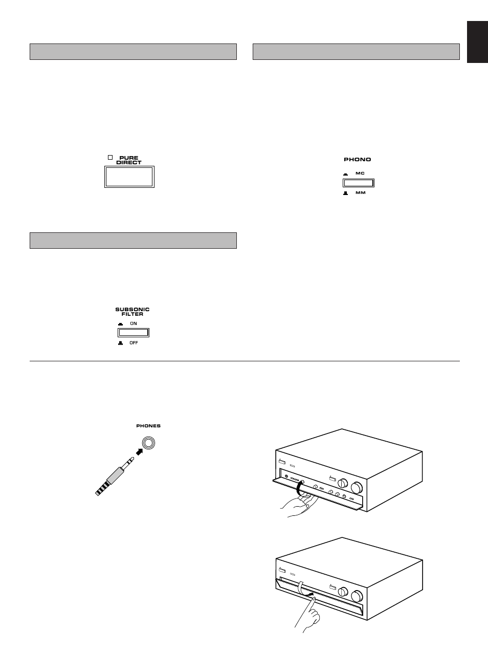 Setting the subsonic filter switch, Using the pure direct switch, Phono (mm/mc) switch | English | Yamaha AX-890 User Manual | Page 9 / 14