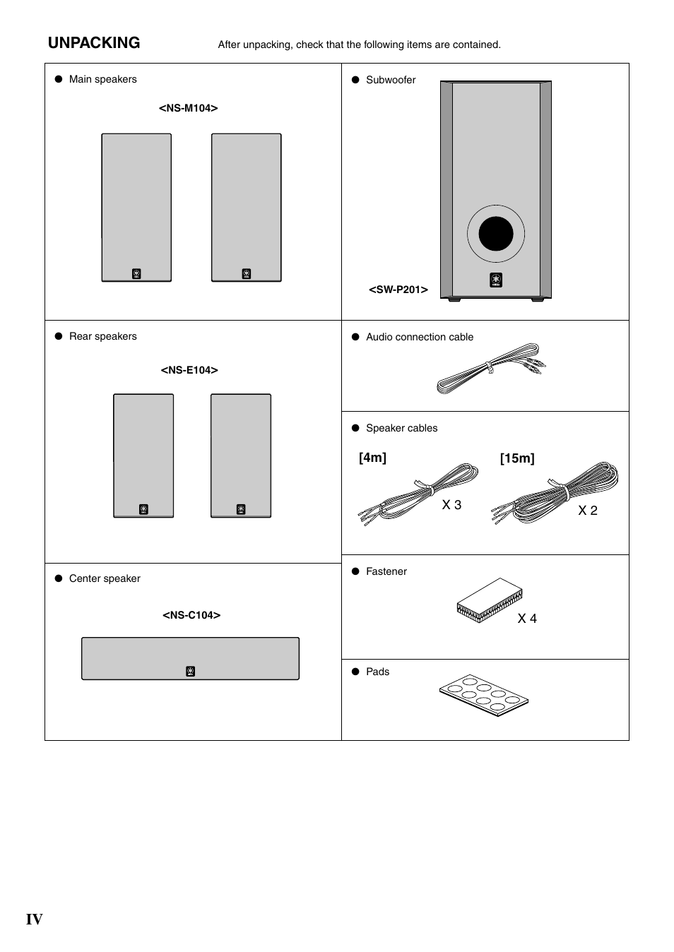 Unpacking, Iv unpacking | Yamaha NS-P320 User Manual | Page 4 / 19