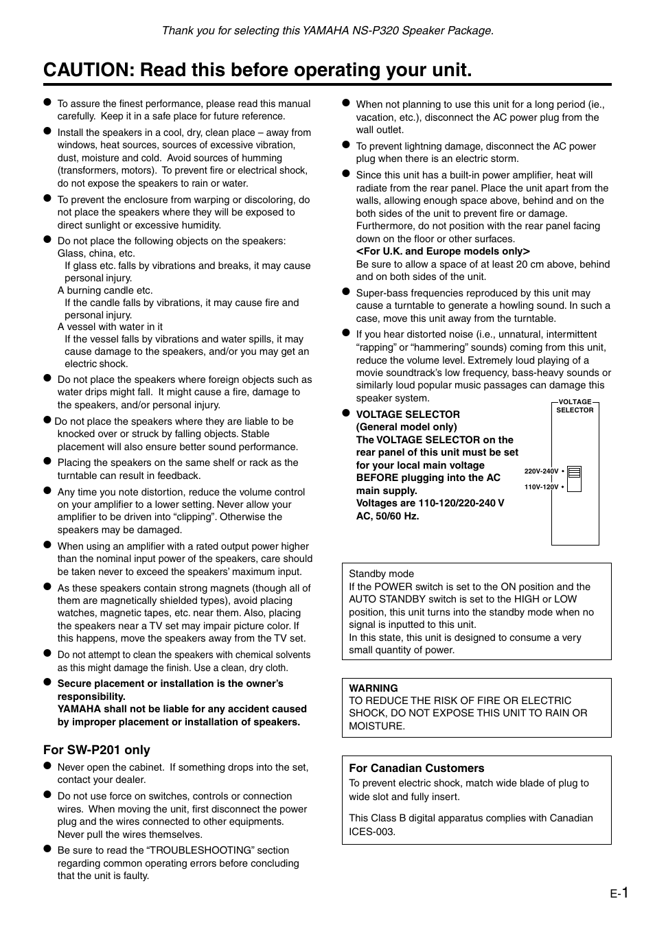 Caution, Caution: read this before operating your unit | Yamaha NS-P320 User Manual | Page 5 / 19