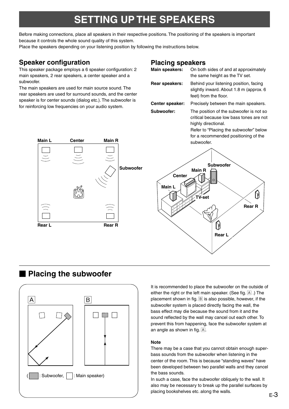 Setting up the speakers, Placing the subwoofer, Speaker configuration | Placing speakers | Yamaha NS-P320 User Manual | Page 7 / 19
