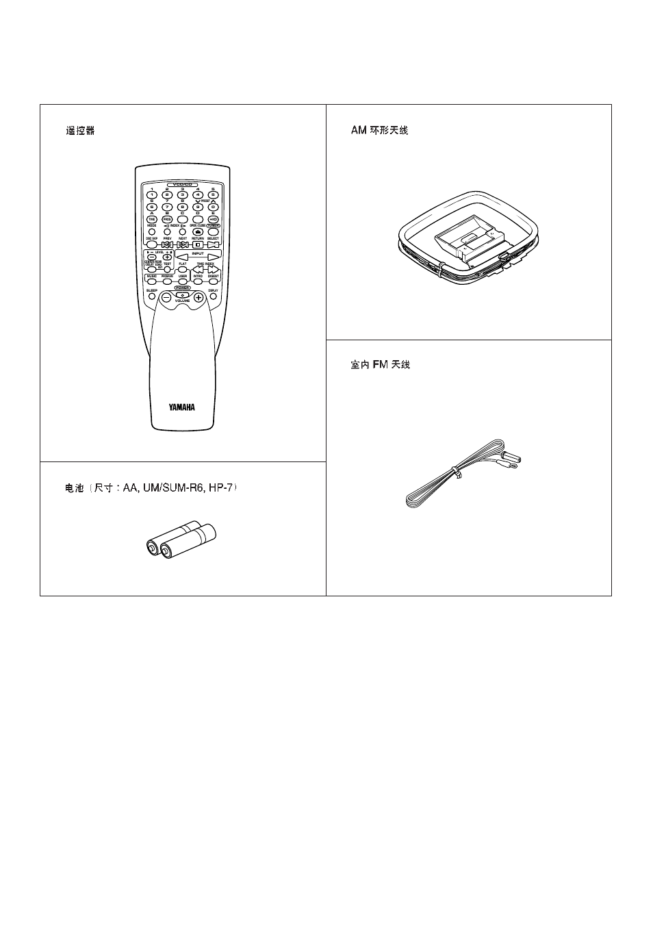 Supplied accessories, Remote control transmitter, Batteries (size aa, um/sum-3, r6, hp-7) | Am loop antenna, Indoor fm antenna | Yamaha EM-202VCD User Manual | Page 2 / 51