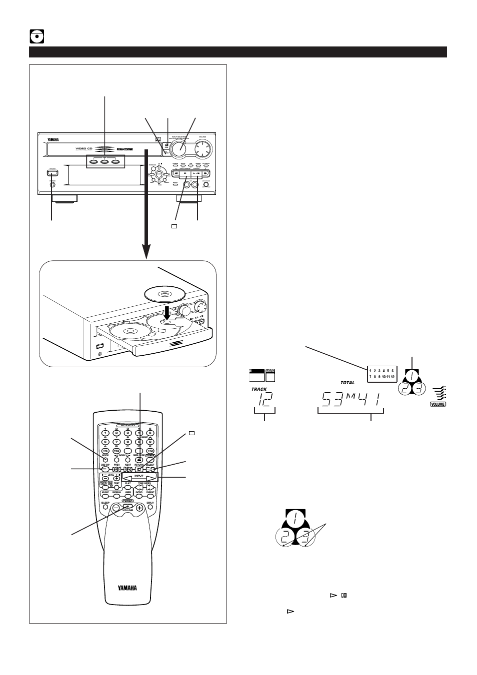 Video cd player operation, Cd/video cd playback, E-14 | Power, Disc selector buttons, Press the open/close button to open the disc table, Press the play/pause, Echo, Version 2.0 / playback control, Total number of tracks total playing time | Yamaha EM-202VCD User Manual | Page 22 / 51