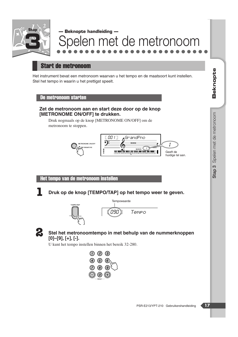 Stap 3, Start de metronoom, Spelen met de metronoom | Yamaha Portatone PSR-E213 User Manual | Page 17 / 72