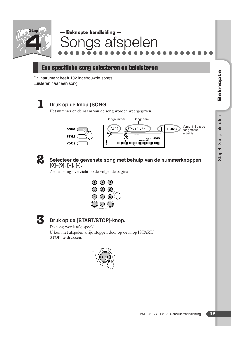 Stap 4, Een specifieke song selecteren en beluisteren, Songs afspelen | S 19, 25 | Yamaha Portatone PSR-E213 User Manual | Page 19 / 72