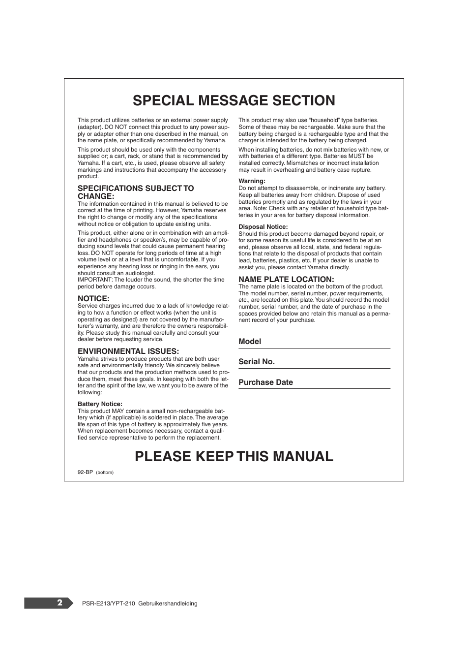 Please keep this manual | Yamaha Portatone PSR-E213 User Manual | Page 2 / 72