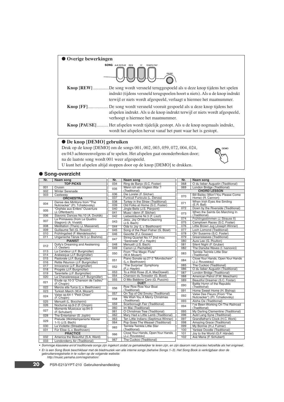 Song-overzicht, Overige bewerkingen, De knop [demo] gebruiken | Yamaha Portatone PSR-E213 User Manual | Page 20 / 72