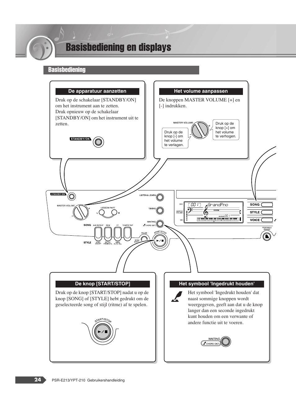 Basisbediening en displays, Basisbediening | Yamaha Portatone PSR-E213 User Manual | Page 24 / 72