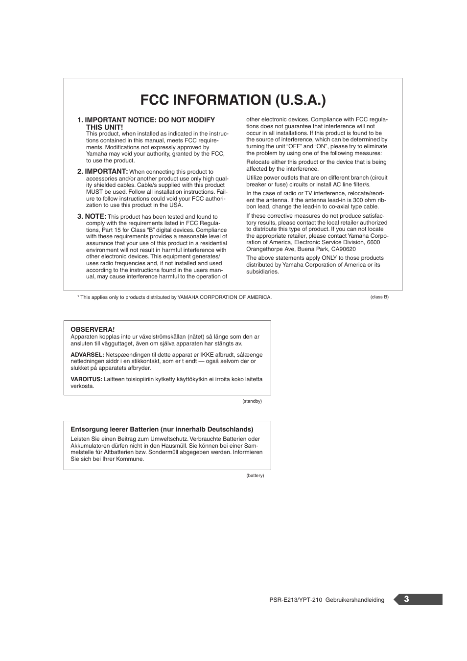 Fcc information (u.s.a.) | Yamaha Portatone PSR-E213 User Manual | Page 3 / 72