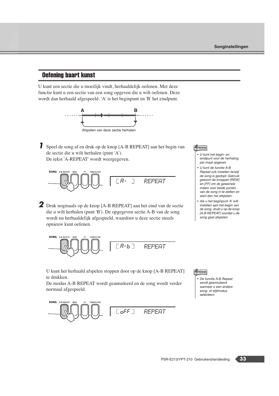 Oefening baart kunst, Repeat a- repeat a-b, Repeat off | Yamaha Portatone PSR-E213 User Manual | Page 33 / 72