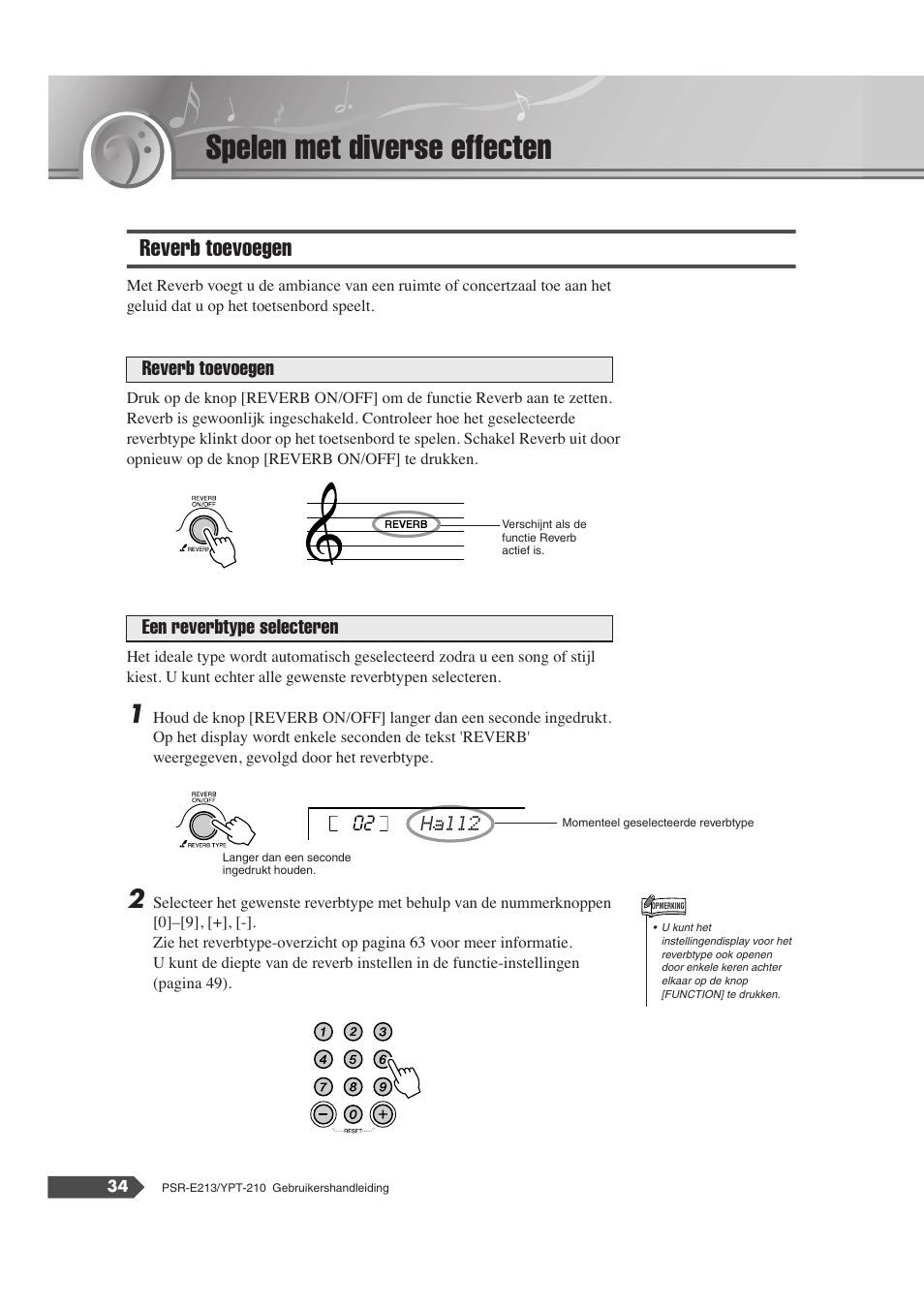 Spelen met diverse effecten, Reverb toevoegen | Yamaha Portatone PSR-E213 User Manual | Page 34 / 72