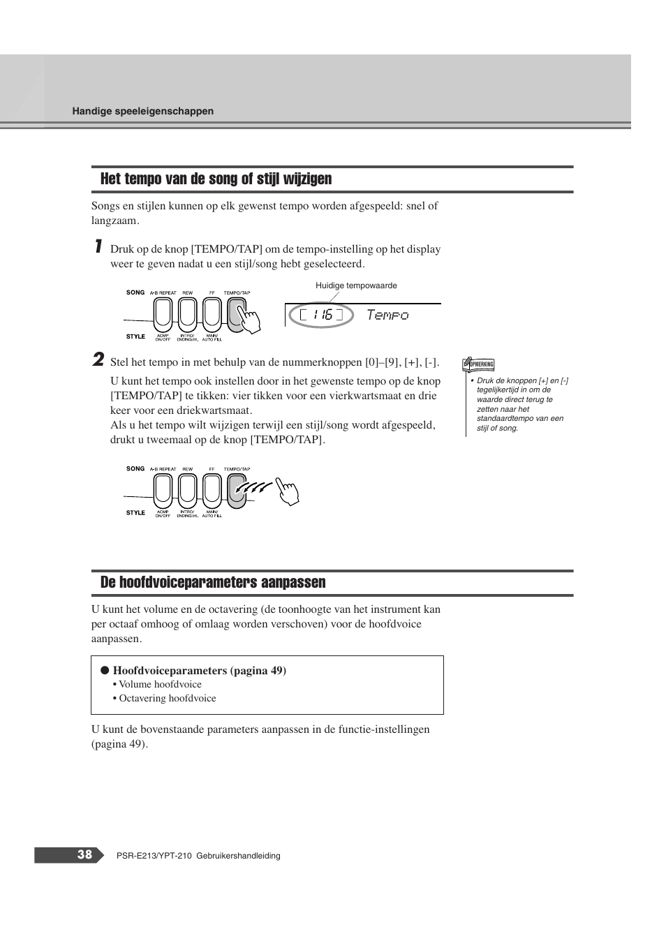 Het tempo van de song of stijl wijzigen, De hoofdvoiceparameters aanpassen | Yamaha Portatone PSR-E213 User Manual | Page 38 / 72