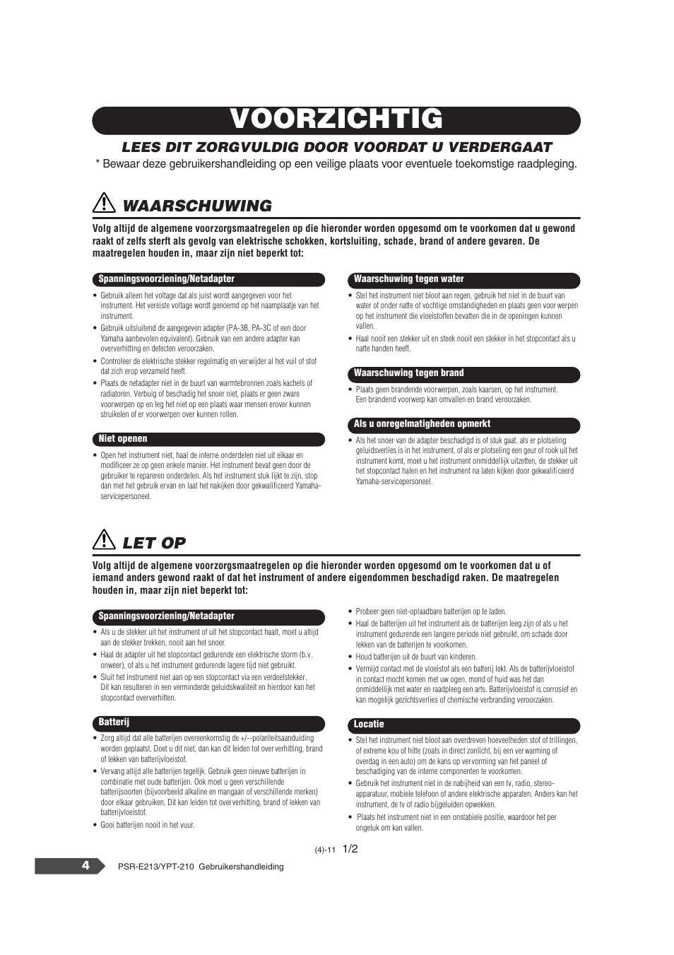 Voorzichtig, Waarschuwing, Let op | Lees dit zorgvuldig door voordat u verdergaat | Yamaha Portatone PSR-E213 User Manual | Page 4 / 72
