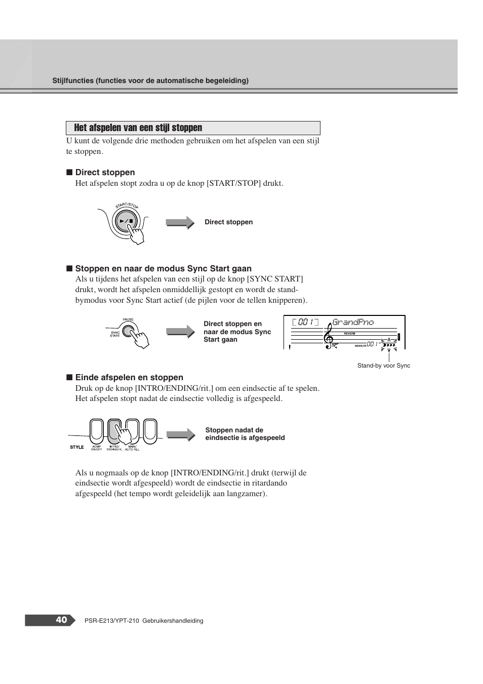 Het afspelen van een stijl stoppen | Yamaha Portatone PSR-E213 User Manual | Page 40 / 72