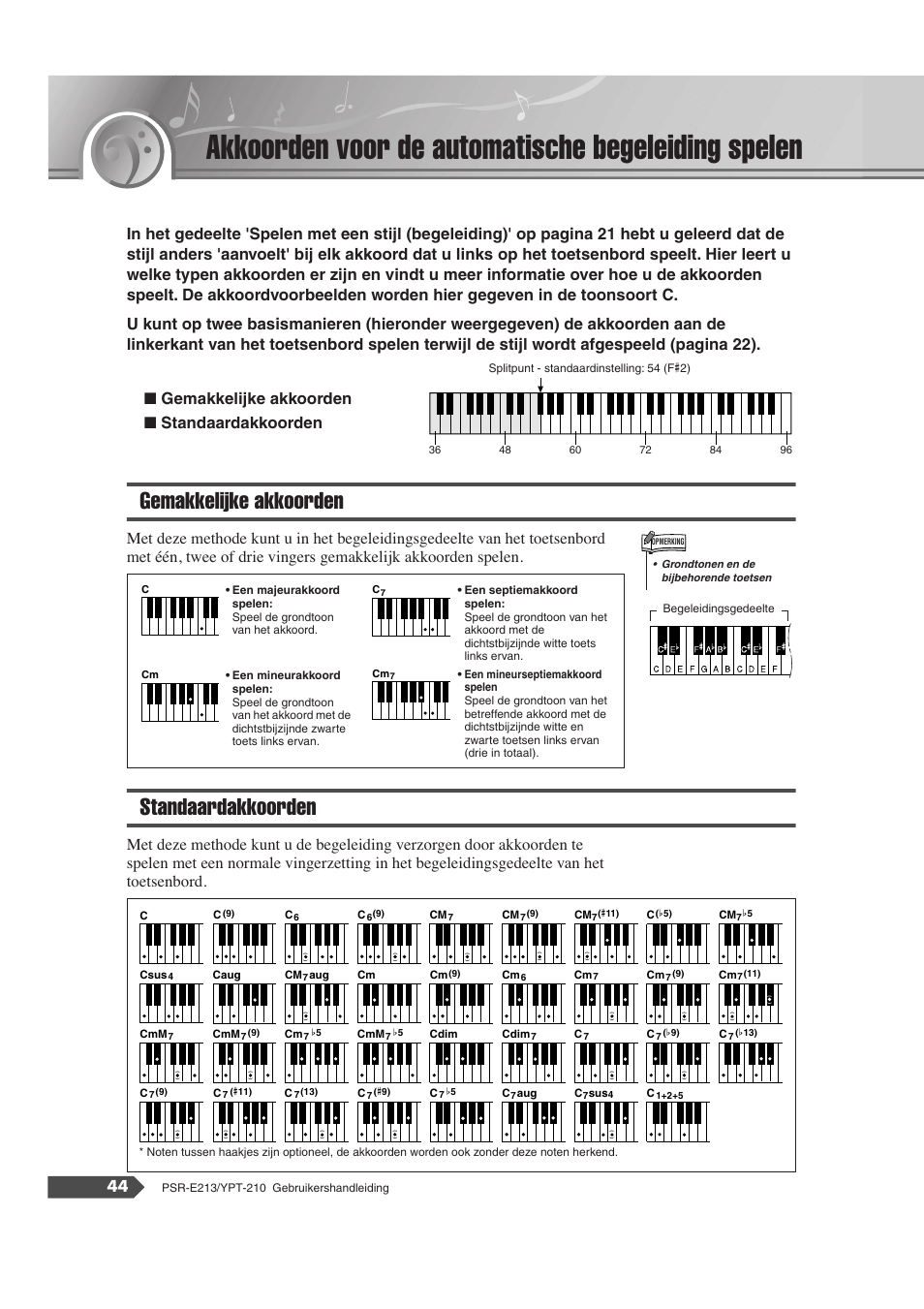 Akkoorden voor de automatische begeleiding spelen, Gemakkelijke akkoorden, Standaardakkoorden | Gemakkelijke akkoorden standaardakkoorden | Yamaha Portatone PSR-E213 User Manual | Page 44 / 72