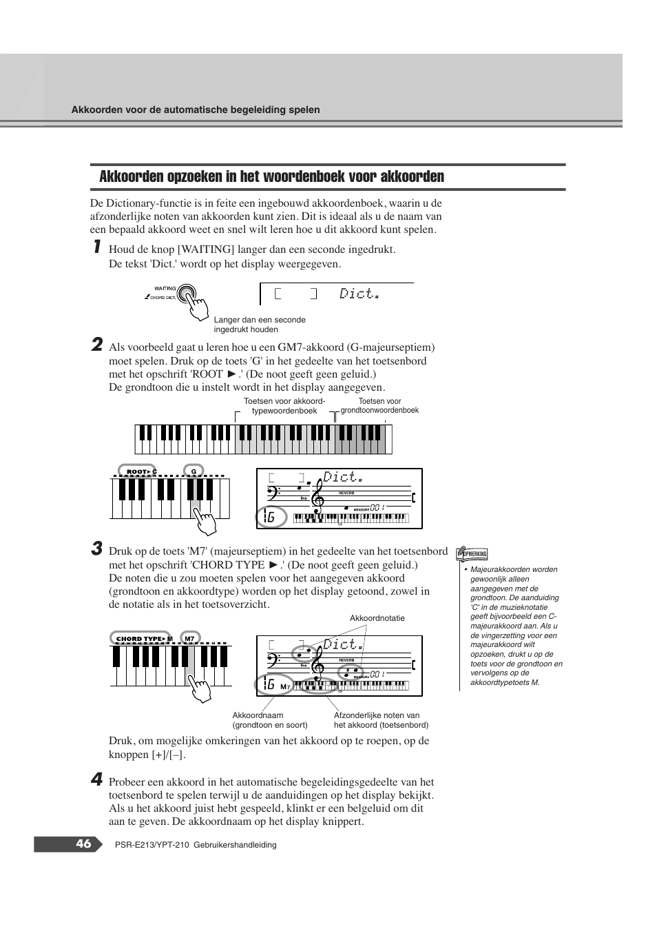 Akkoorden opzoeken in het woordenboek, Voor akkoorden, Dict | Yamaha Portatone PSR-E213 User Manual | Page 46 / 72