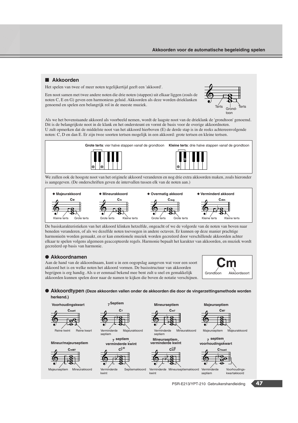 47 ■ akkoorden, Akkoordnamen, Akkoordtypen | Akkoorden voor de automatische begeleiding spelen | Yamaha Portatone PSR-E213 User Manual | Page 47 / 72