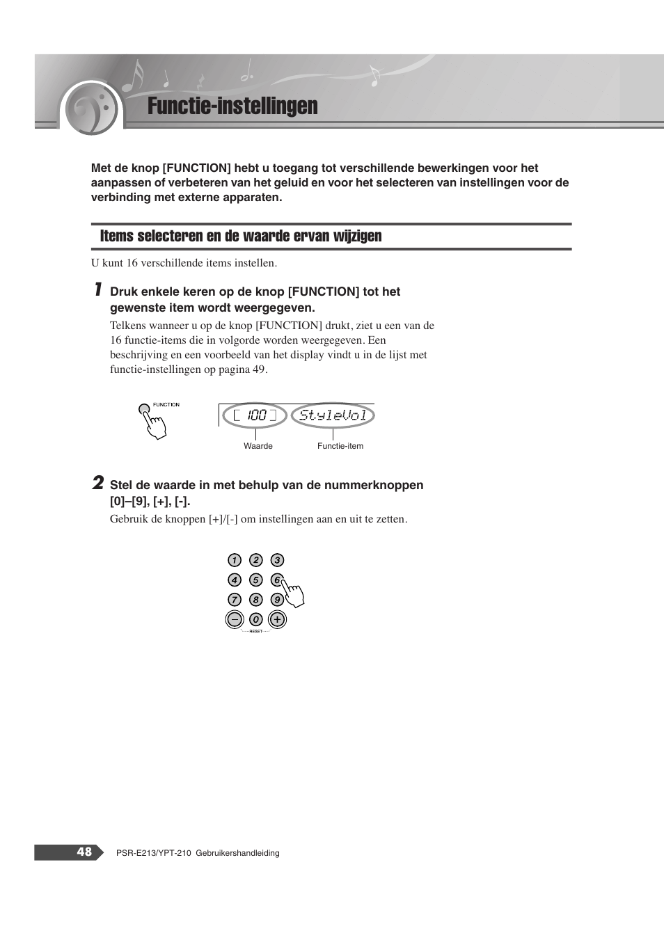 Functie-instellingen, Items selecteren en de waarde ervan wijzigen, S 48, 25 | Yamaha Portatone PSR-E213 User Manual | Page 48 / 72