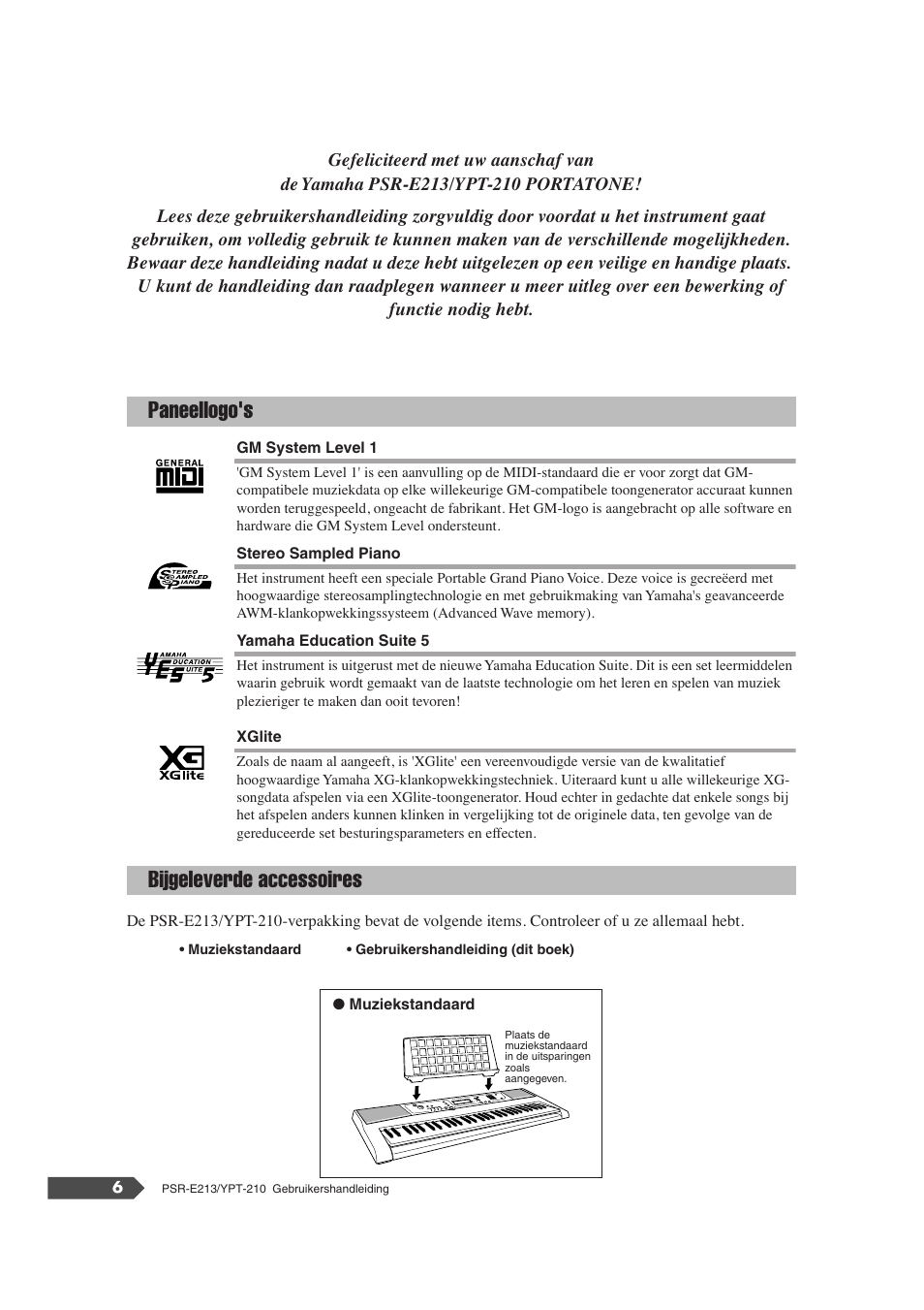 Paneellogo's, Bijgeleverde accessoires, Paneellogo's bijgeleverde accessoires | Yamaha Portatone PSR-E213 User Manual | Page 6 / 72