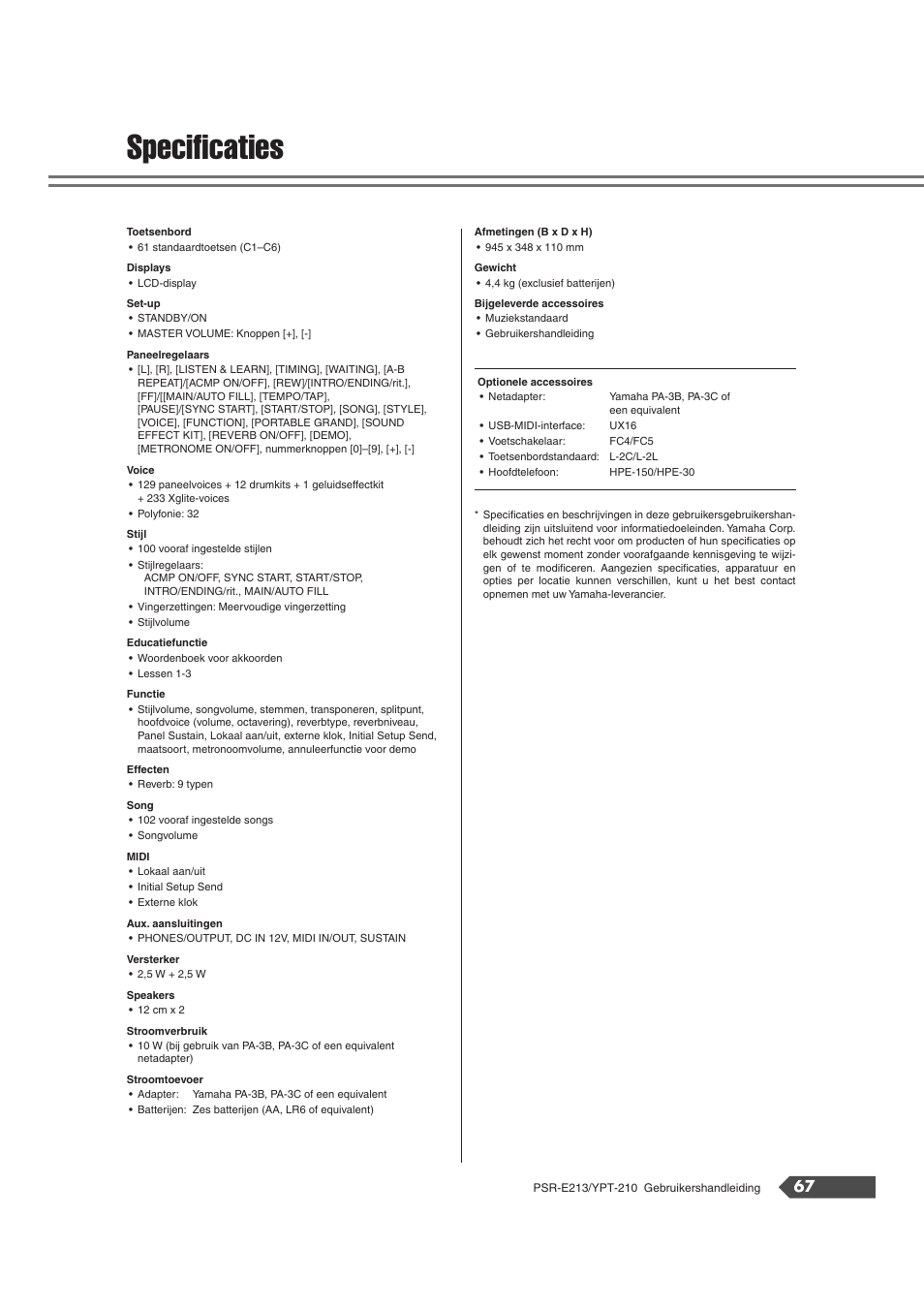 Specificaties | Yamaha Portatone PSR-E213 User Manual | Page 67 / 72