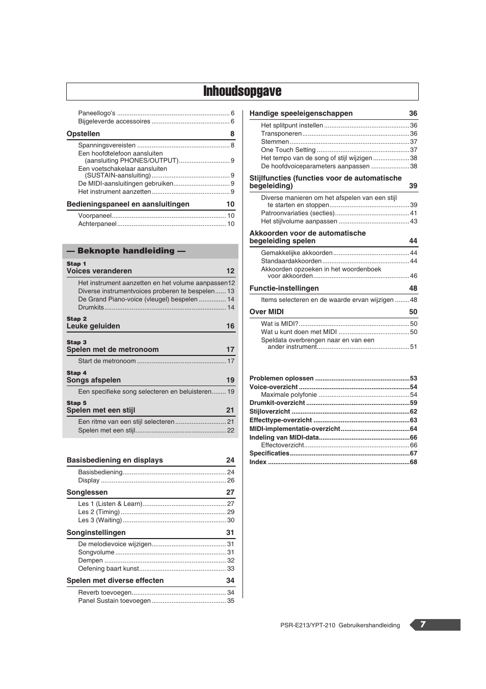 Inhoudsopgave | Yamaha Portatone PSR-E213 User Manual | Page 7 / 72