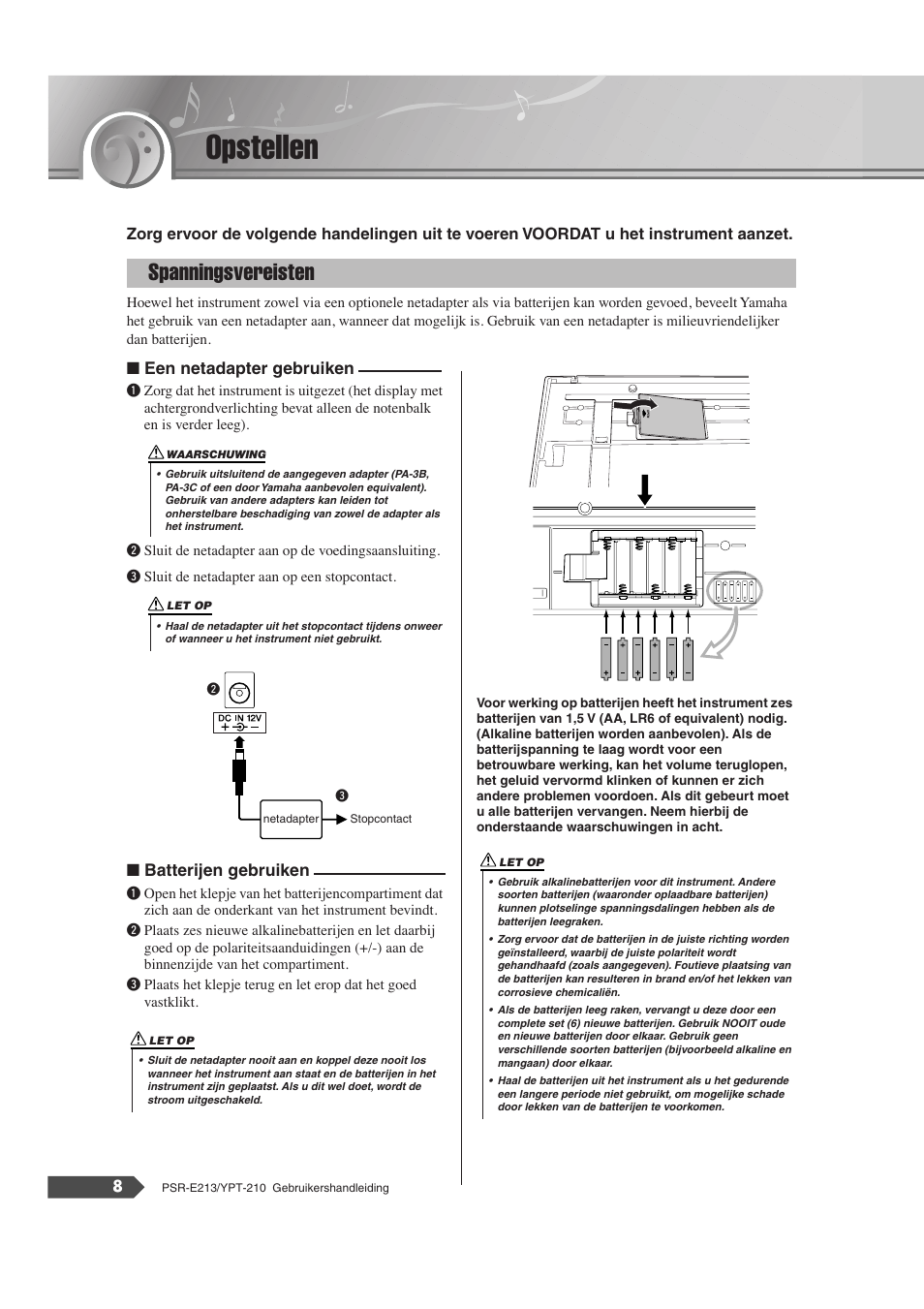 Opstellen, Spanningsvereisten | Yamaha Portatone PSR-E213 User Manual | Page 8 / 72