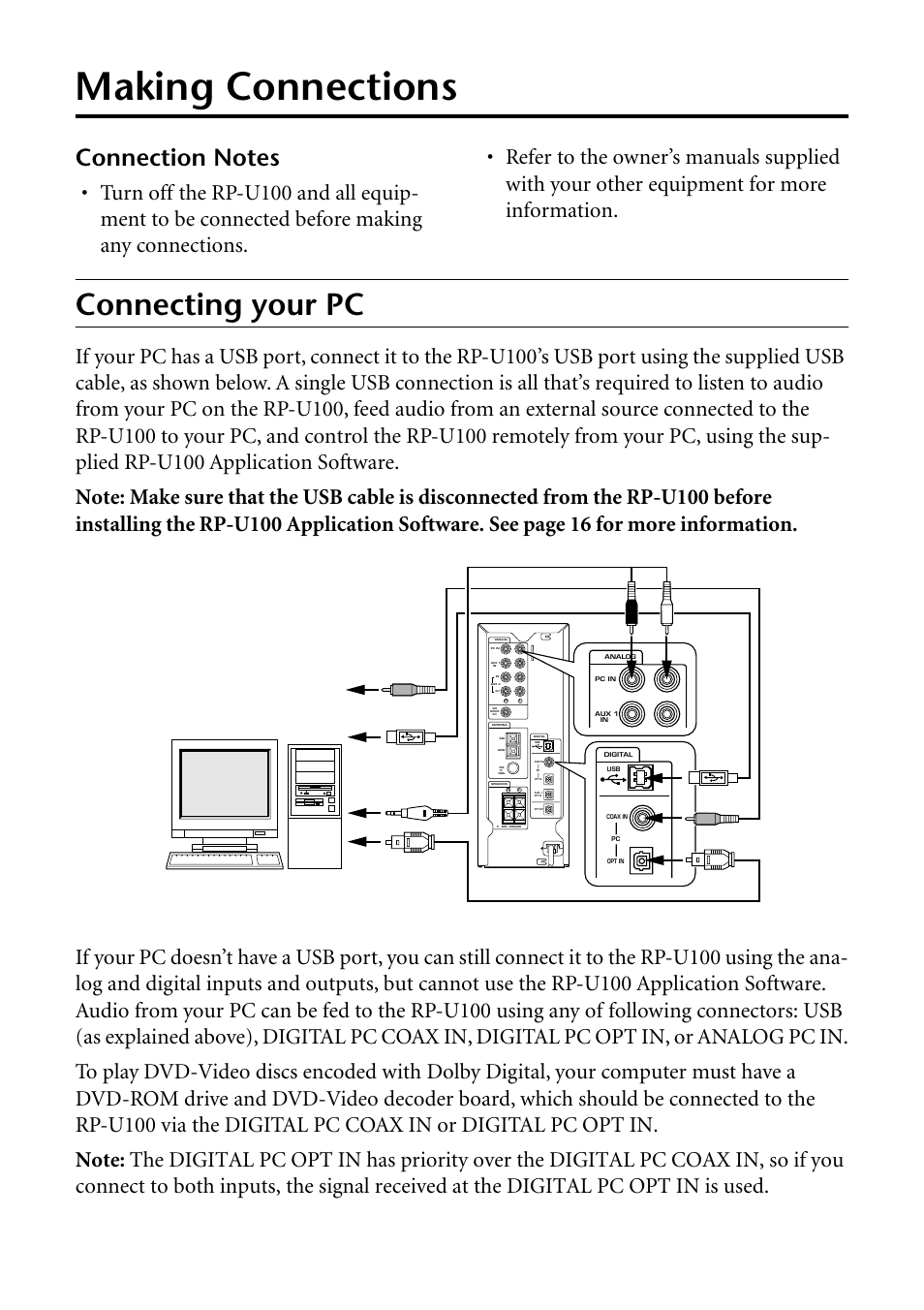 Making connections, Connecting your pc | Yamaha RP-U100 User Manual | Page 10 / 97
