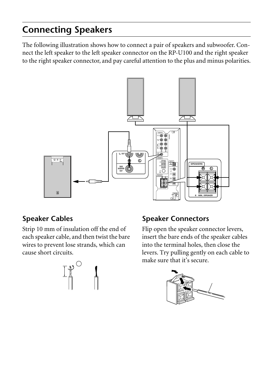 Connecting speakers, Speaker cables, Speaker connectors | Yamaha RP-U100 User Manual | Page 12 / 97