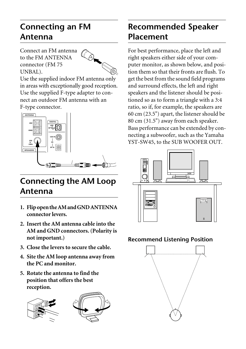 Connecting an fm antenna, Connecting the am loop antenna, Recommended speaker placement | Yamaha RP-U100 User Manual | Page 13 / 97