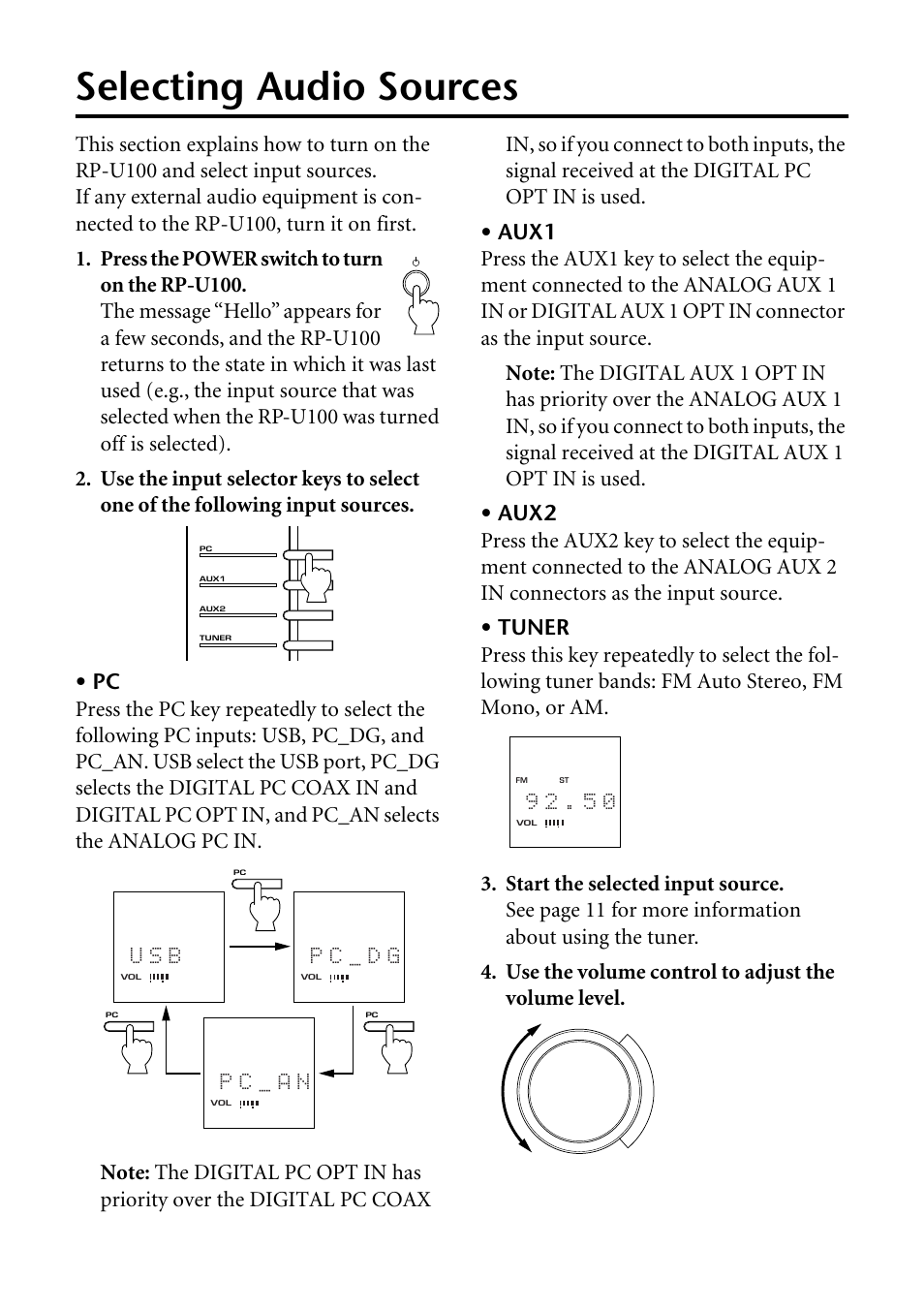Selecting audio sources, P c _ a n, P c _ d g | Yamaha RP-U100 User Manual | Page 15 / 97