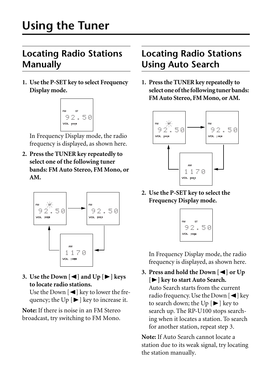 Using the tuner, Locating radio stations manually, Locating radio stations using auto search | 1 1 7 0 g | Yamaha RP-U100 User Manual | Page 16 / 97