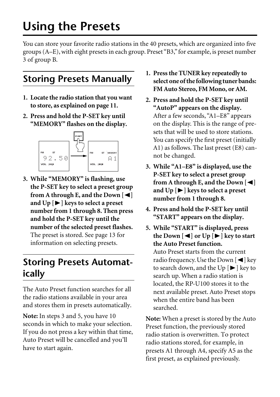 Using the presets, Storing presets manually, Storing presets automatically | Storing presets automat- ically | Yamaha RP-U100 User Manual | Page 17 / 97