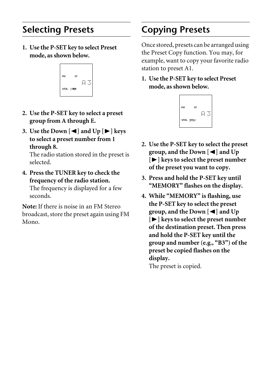 Selecting presets, Copying presets | Yamaha RP-U100 User Manual | Page 18 / 97