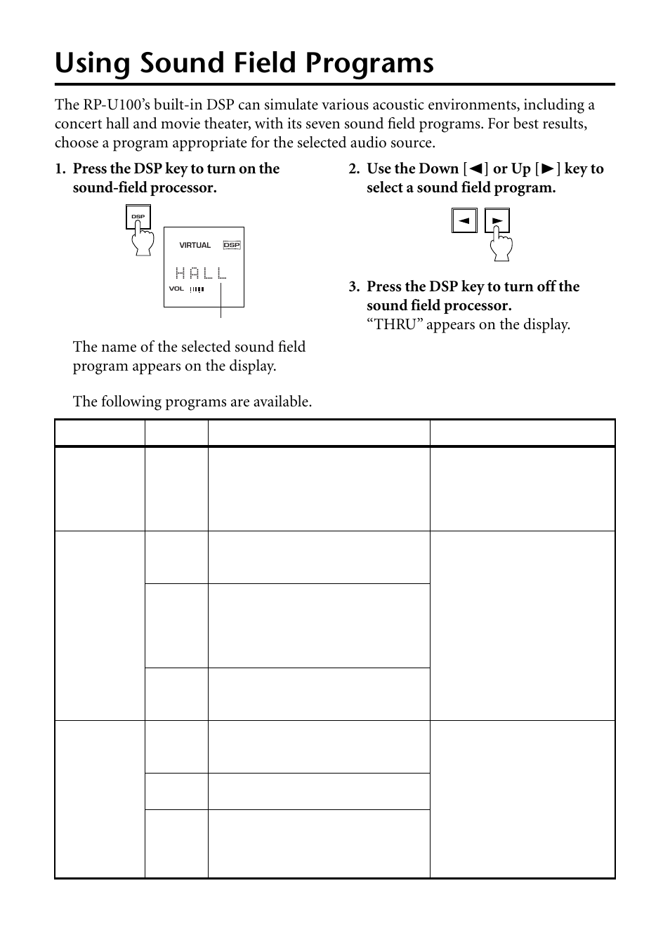 Using sound field programs | Yamaha RP-U100 User Manual | Page 20 / 97