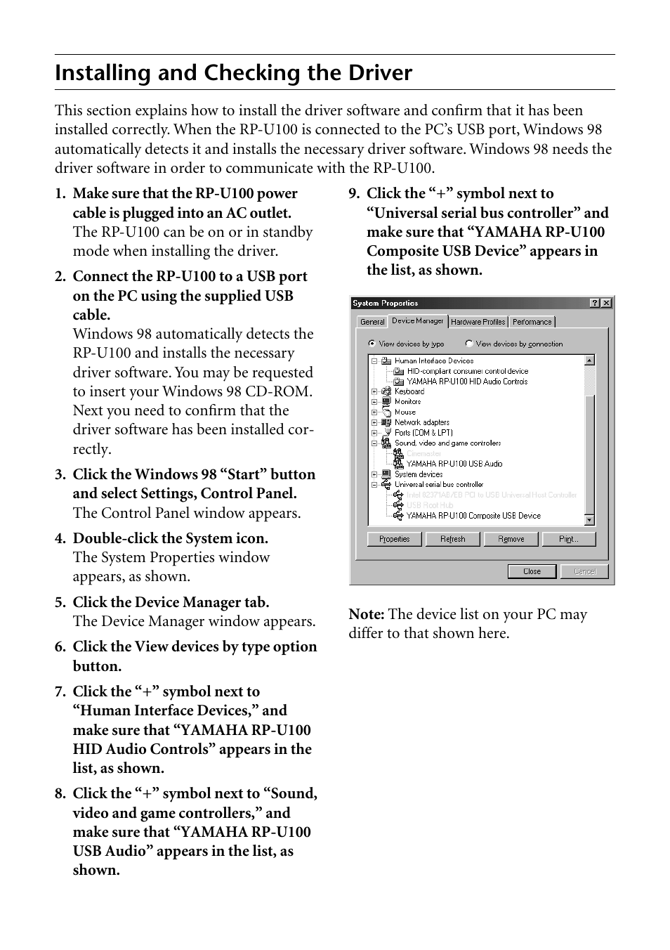 Installing and checking the driver | Yamaha RP-U100 User Manual | Page 22 / 97
