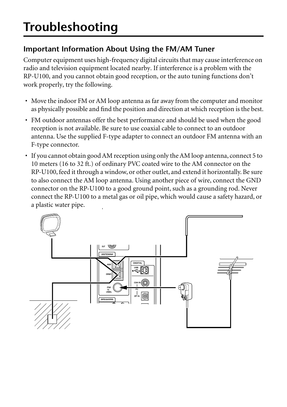 Troubleshooting, Important information about using the fm/am tuner | Yamaha RP-U100 User Manual | Page 25 / 97