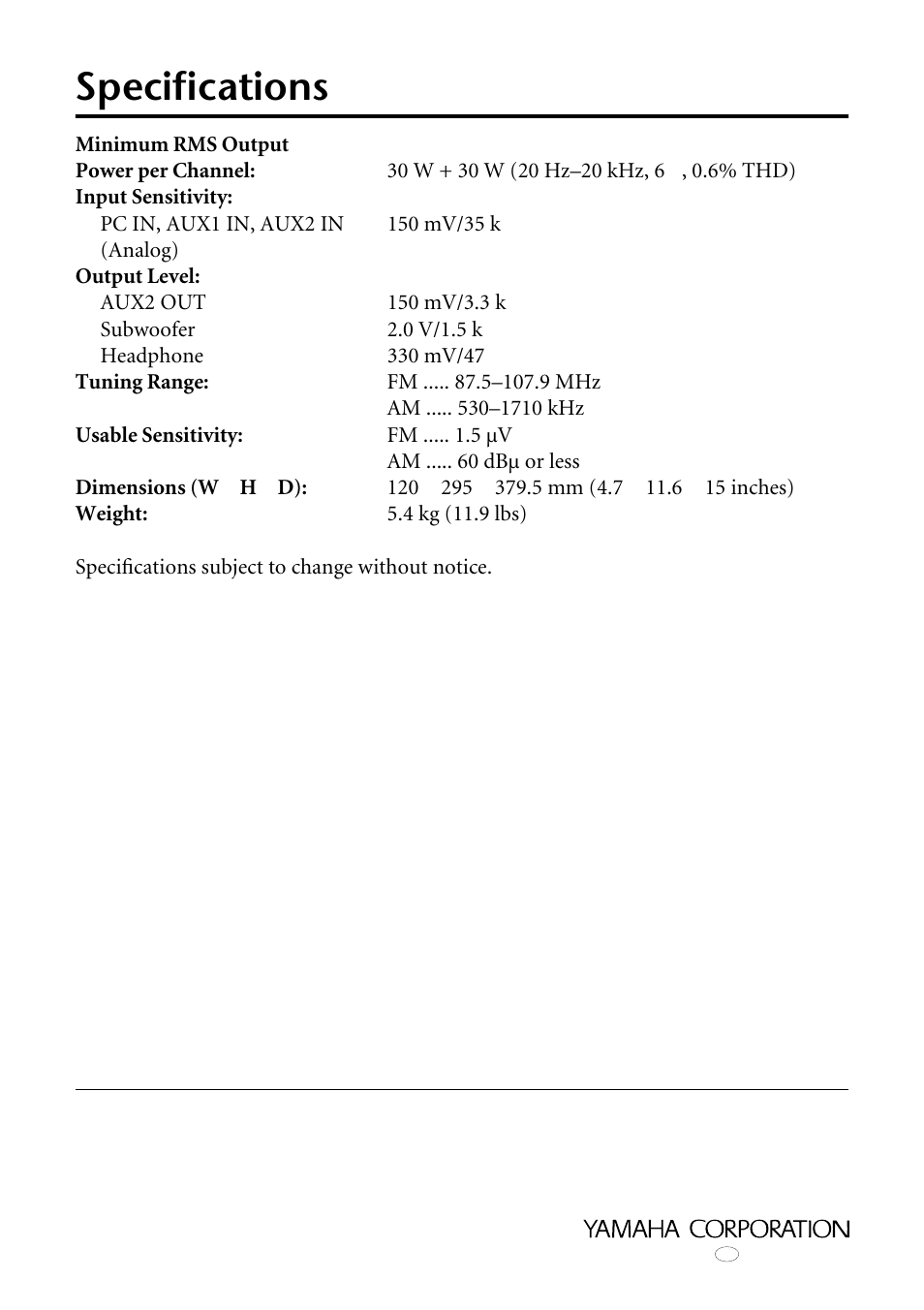 Specifications | Yamaha RP-U100 User Manual | Page 28 / 97