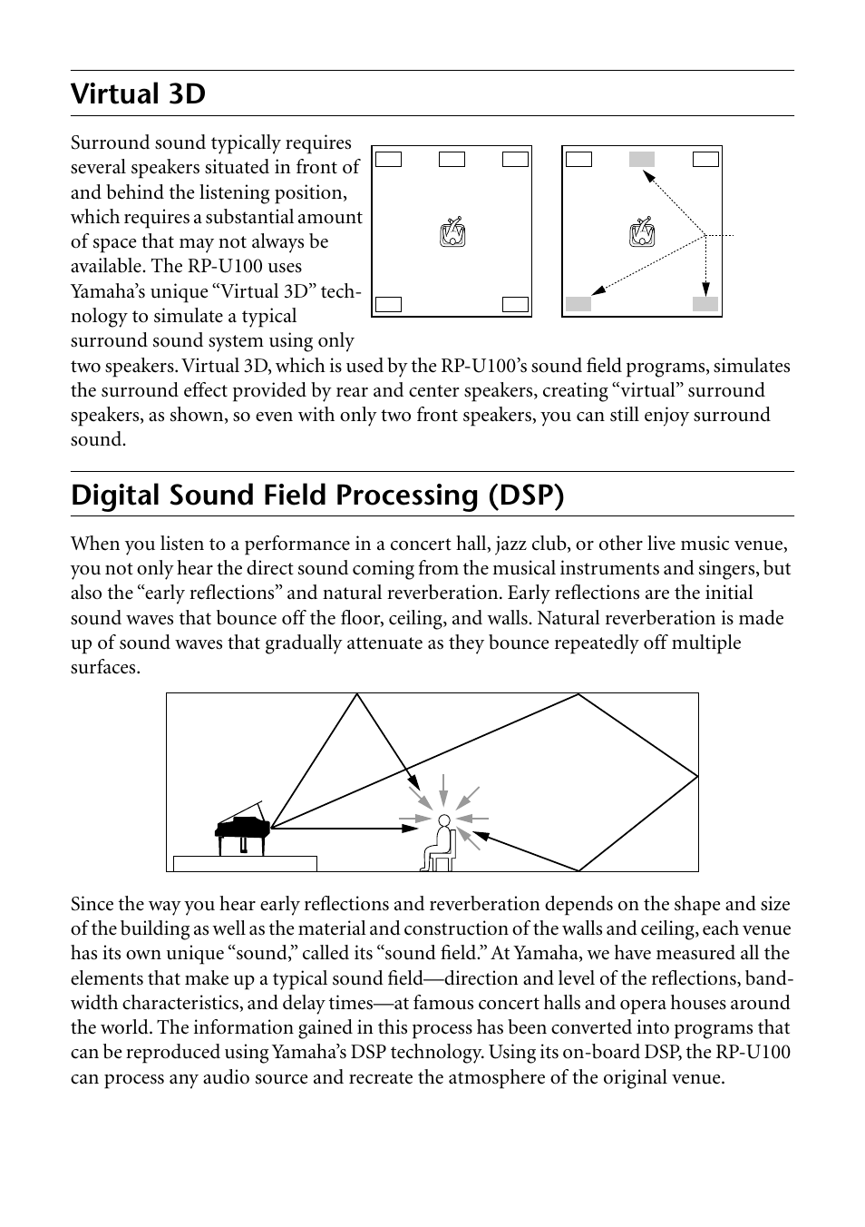 Virtual 3d, Digital sound field processing (dsp) | Yamaha RP-U100 User Manual | Page 7 / 97