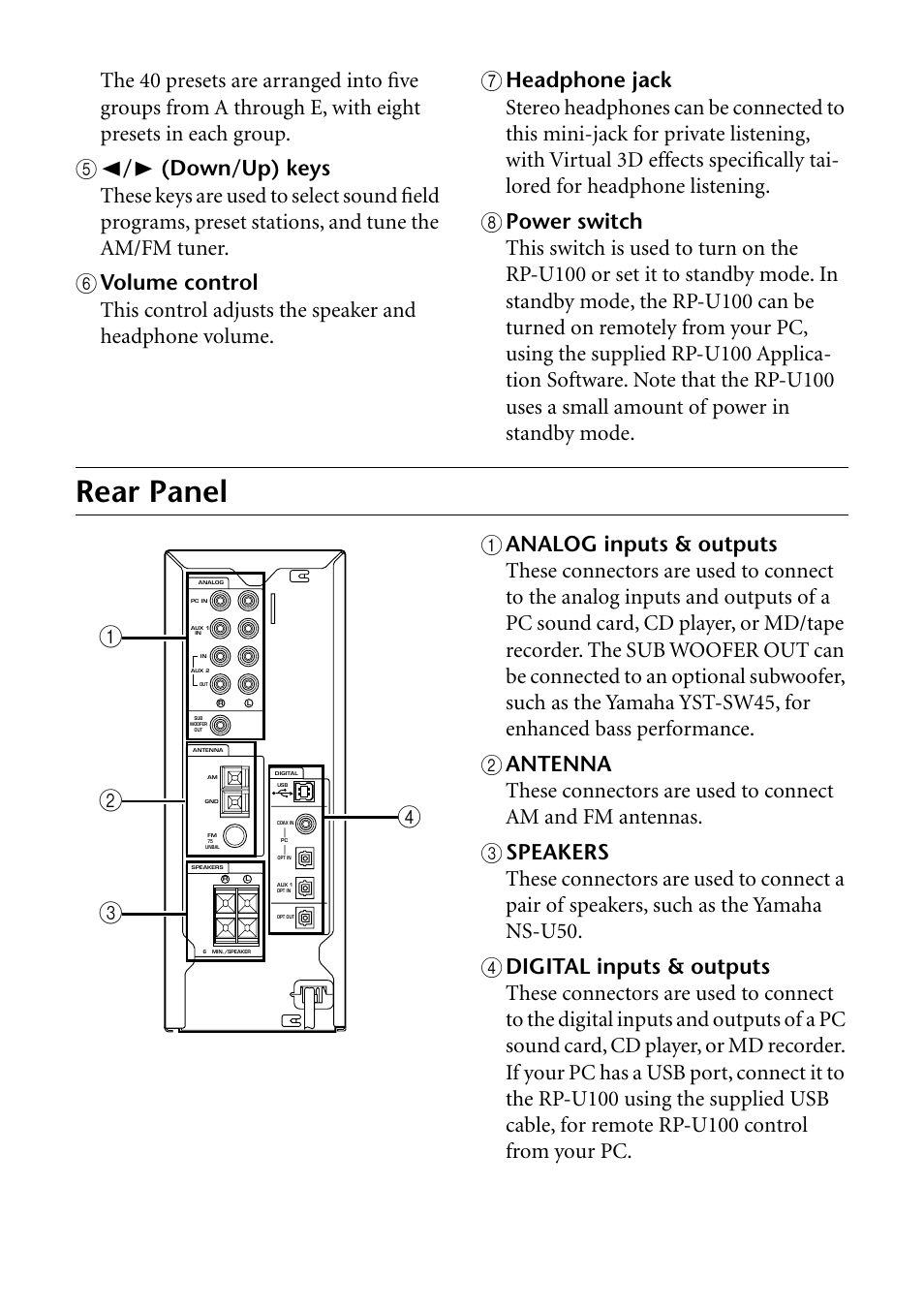 Rear panel | Yamaha RP-U100 User Manual | Page 9 / 97