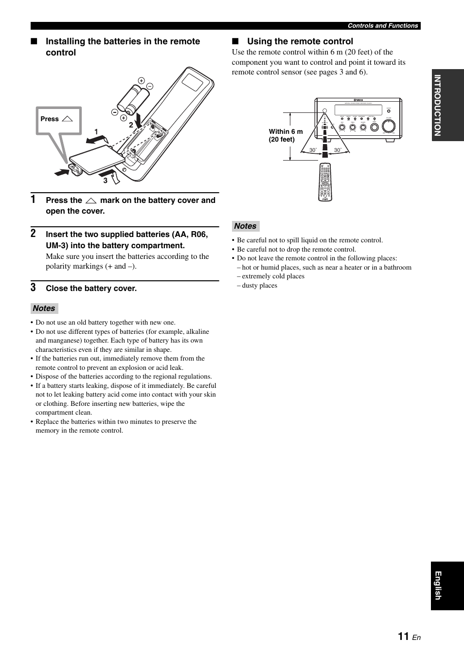 Installing the batteries in the remote control, Using the remote control, Eng lish intr oduction | Close the battery cover | Yamaha MCR-E810 User Manual | Page 15 / 72