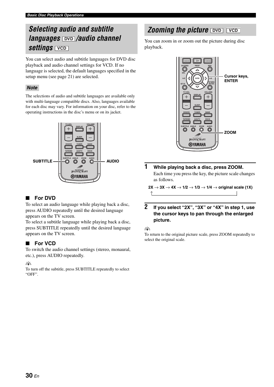 Zooming the picture, For dvd, For vcd | Yamaha MCR-E810 User Manual | Page 34 / 72