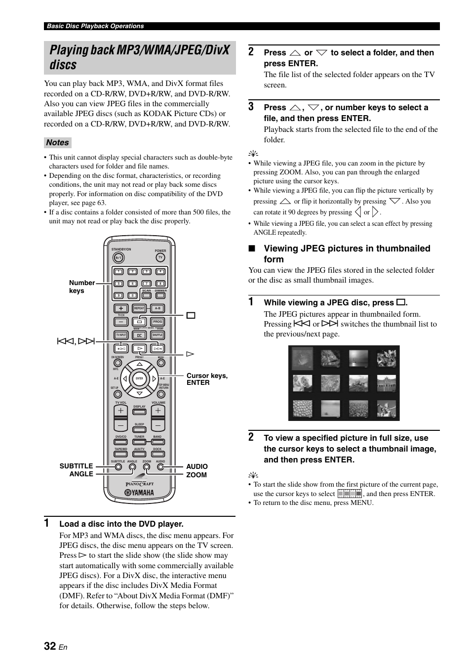 Playing back mp3/wma/jpeg/divx discs, Viewing jpeg pictures in thumbnailed form | Yamaha MCR-E810 User Manual | Page 36 / 72